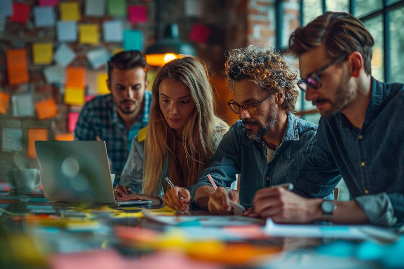 A group of four professionals brainstorming and working together on laptops and papers in a collaborative workspace filled with sticky notes.
