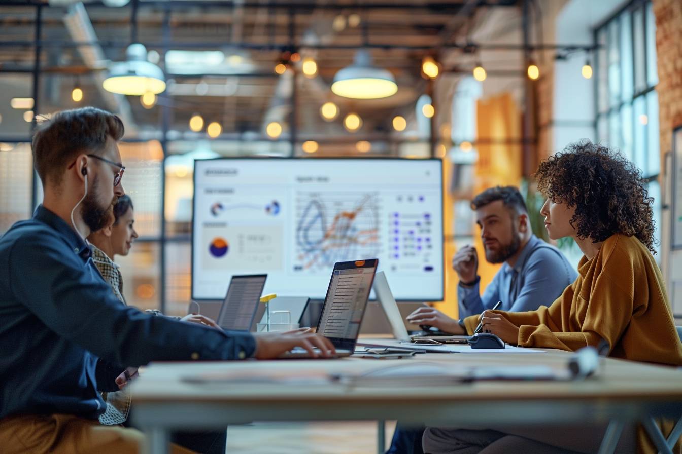 A diverse group of professionals engaged in a collaborative meeting with laptops and a large screen displaying data visualizations in a modern workspace.