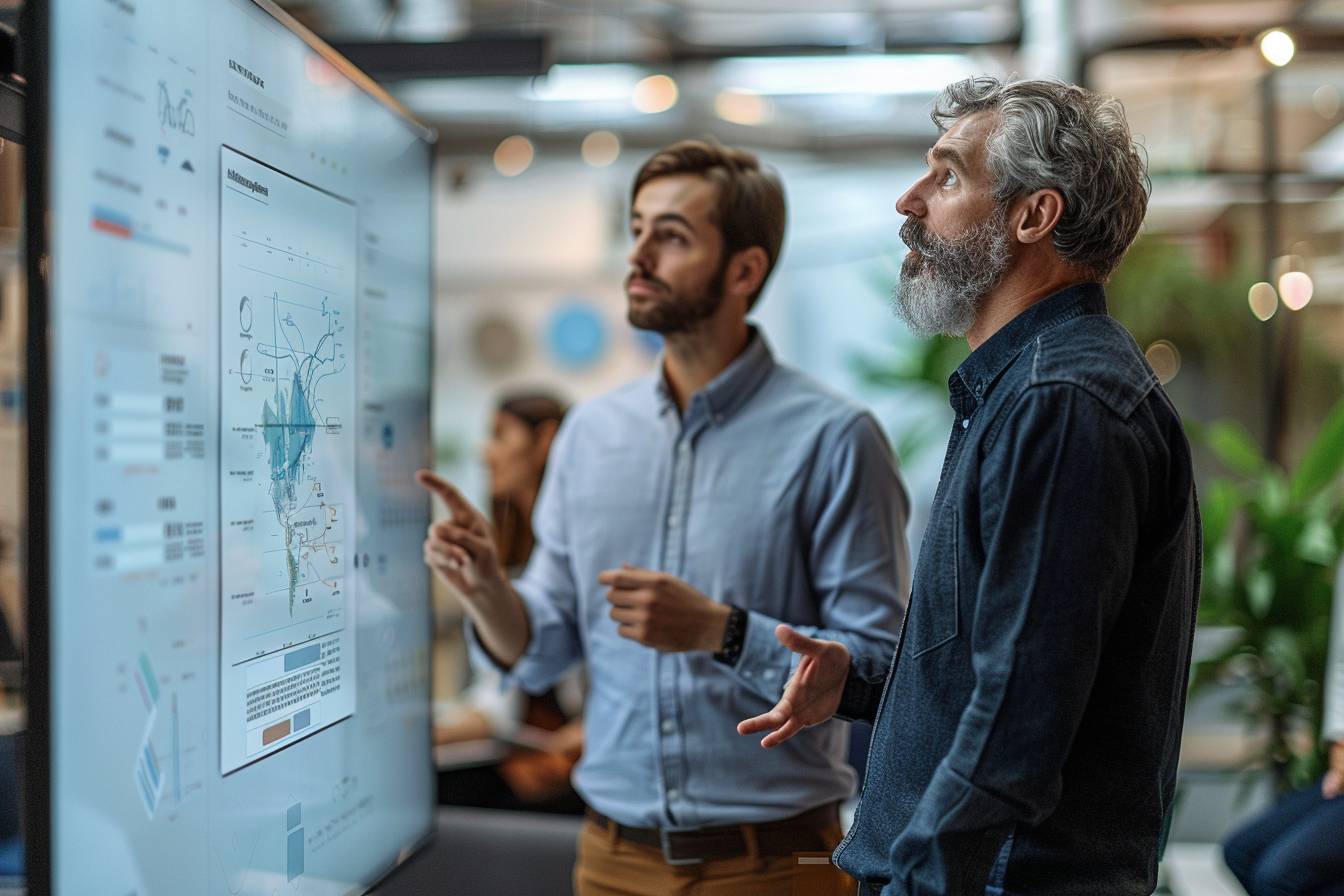 Two professionals engage in a discussion while examining a digital screen displaying data and charts, showcasing a collaborative work environment.