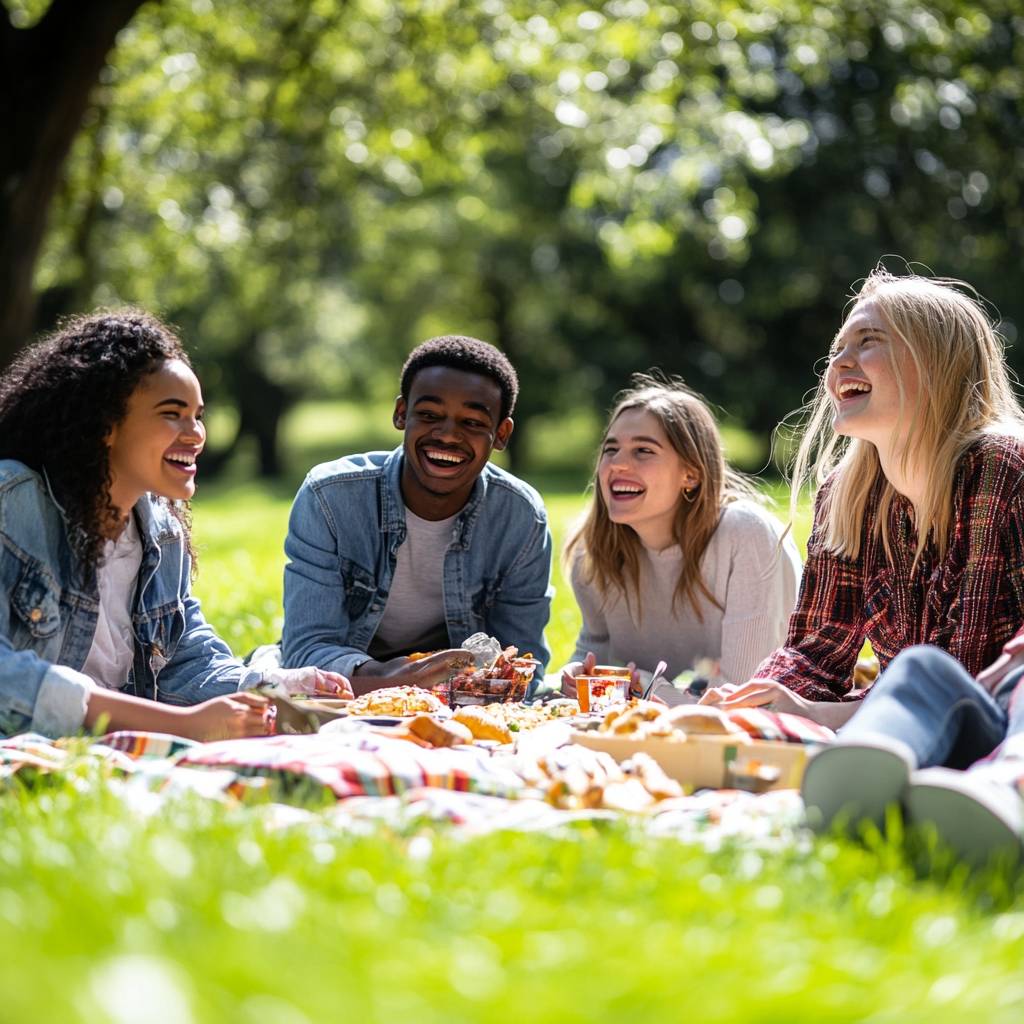 A joyful group of friends laughing and enjoying a picnic on a sunny day in a park, surrounded by greenery and delicious food.