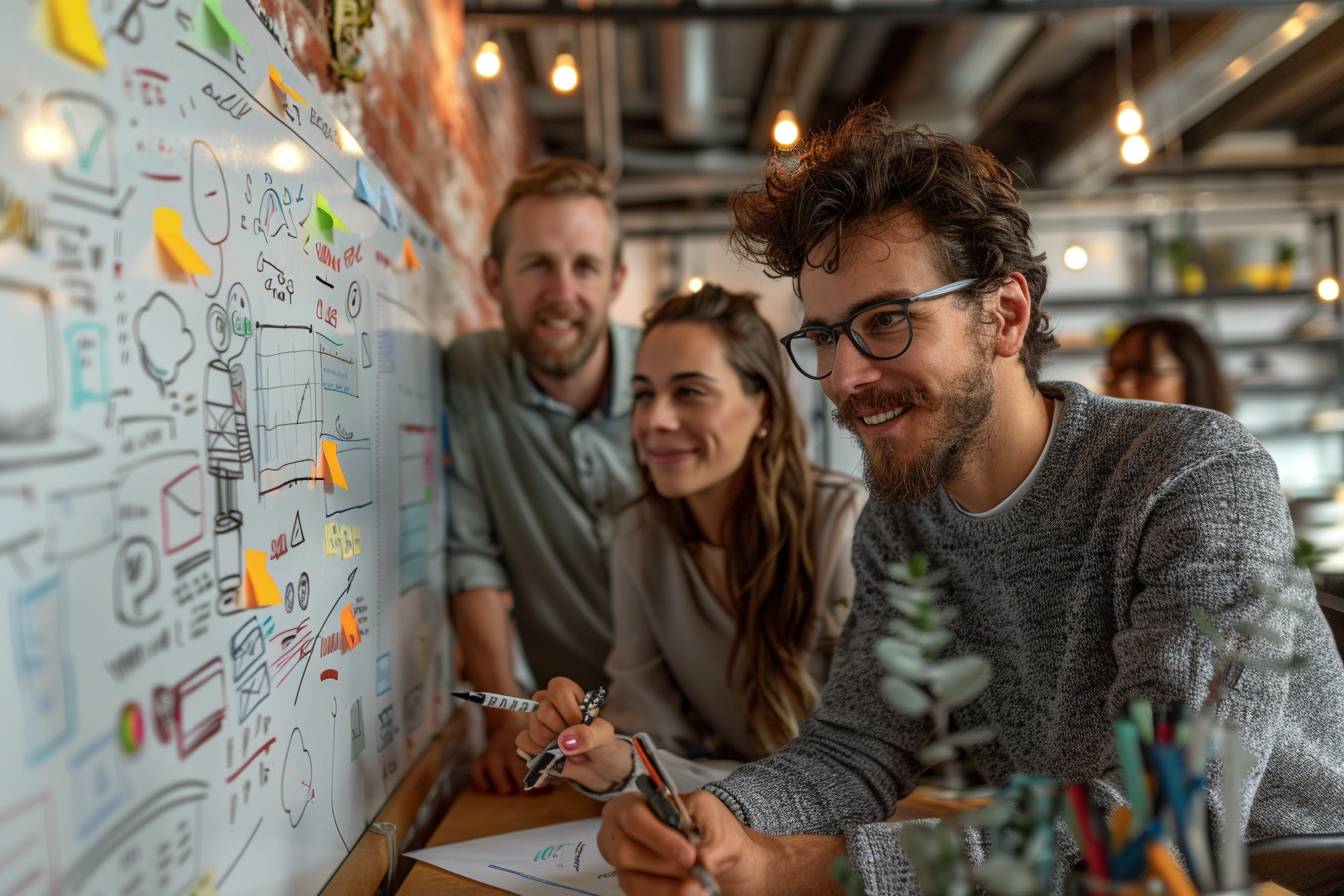 A diverse group of three people collaborating at a whiteboard filled with notes and sketches, brainstorming creative ideas in a modern workspace.
