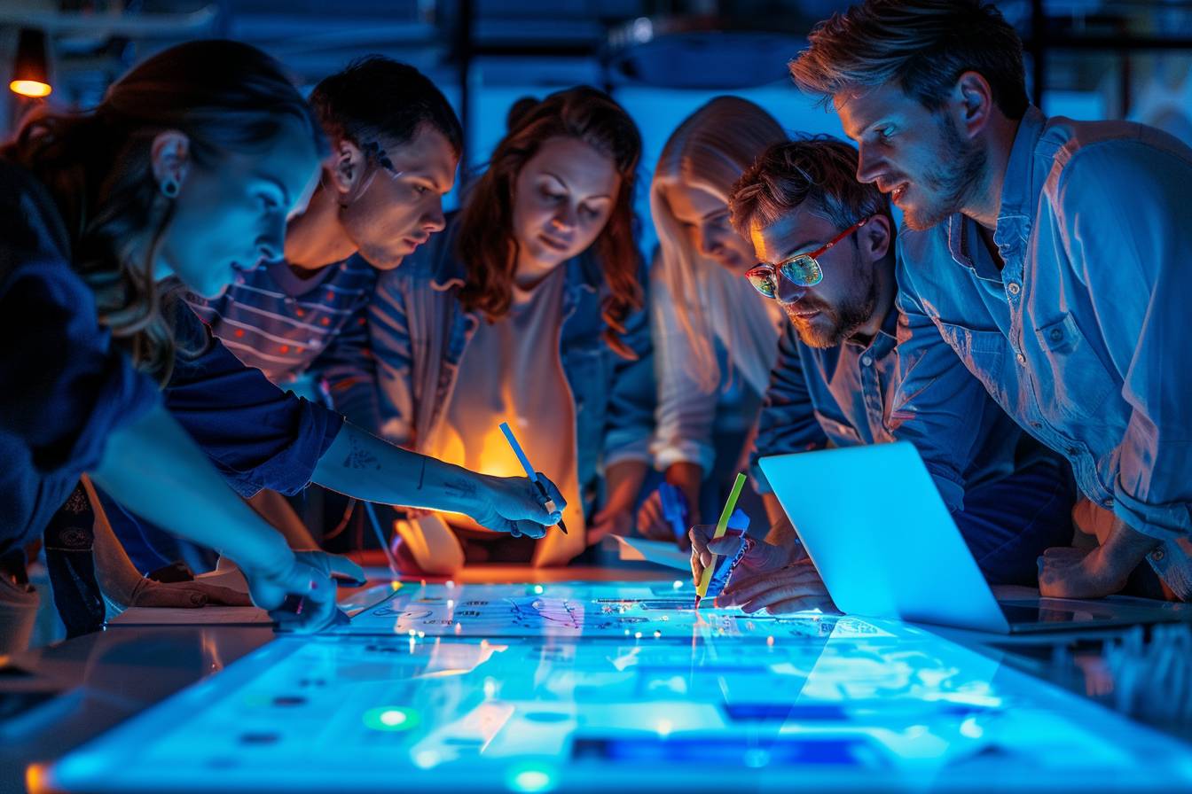 A group of diverse individuals collaborates around a glowing interactive table, engaged in brainstorming and creative work, illuminated by blue light.