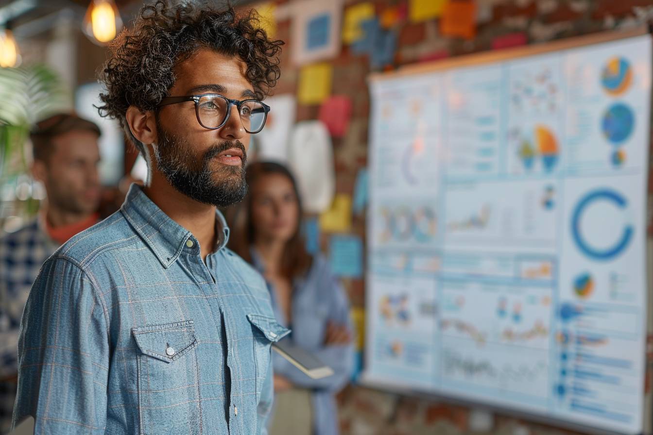 A focused man with curly hair and glasses stands in front of a presentation board, while colleagues engage in a brainstorming session.