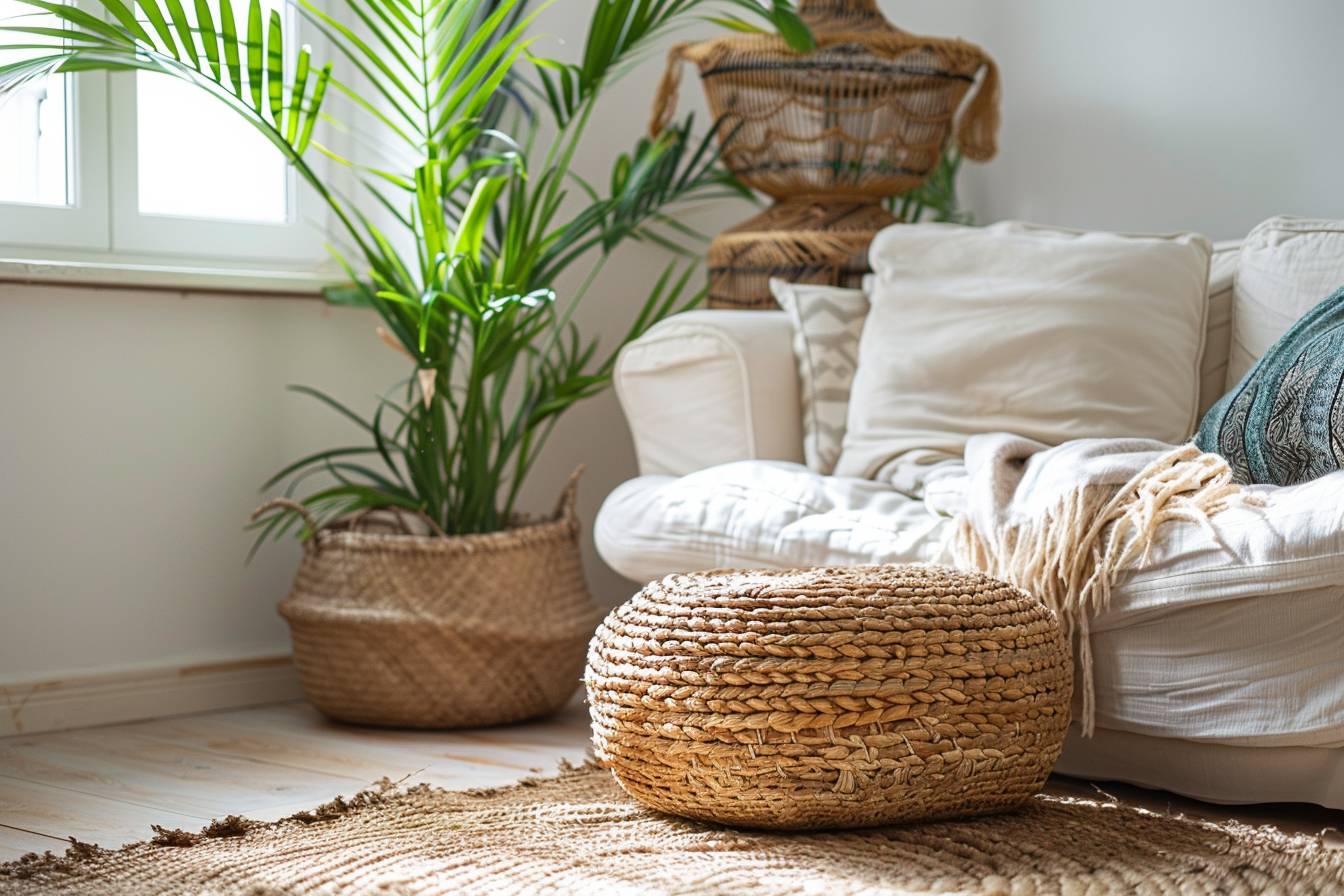A cozy living room setting featuring a white sofa adorned with cushions, a woven pouf, and lush green plants in natural baskets.