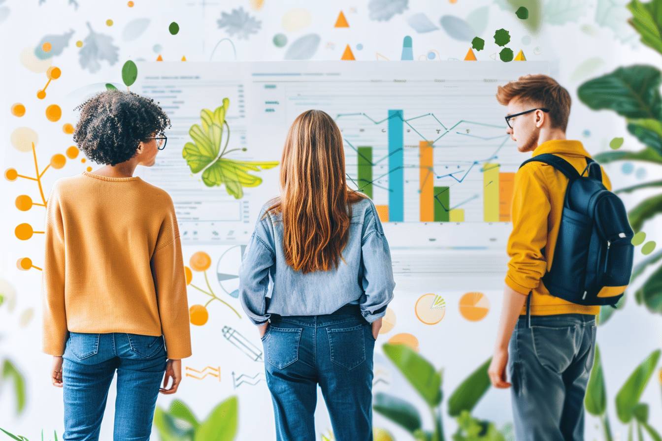 Three young individuals observe a colorful data visualization on a screen, surrounded by vibrant botanical graphics in a modern, creative workspace.