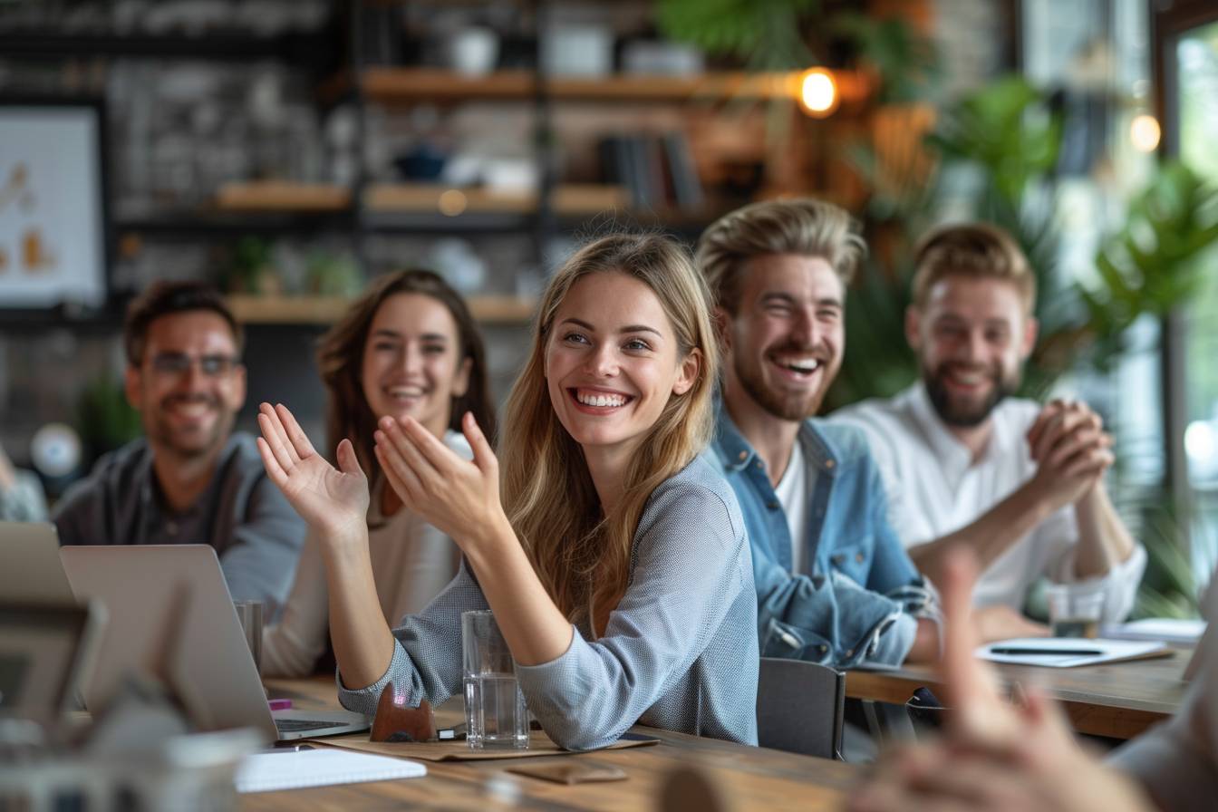 A diverse group of professionals in a modern workspace, smiling and applauding during a presentation, creating a positive, engaging atmosphere.