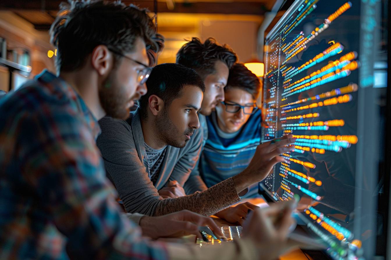 A group of four young professionals focused on coding at a computer screen displaying colorful programming code in a dimly lit workspace.
