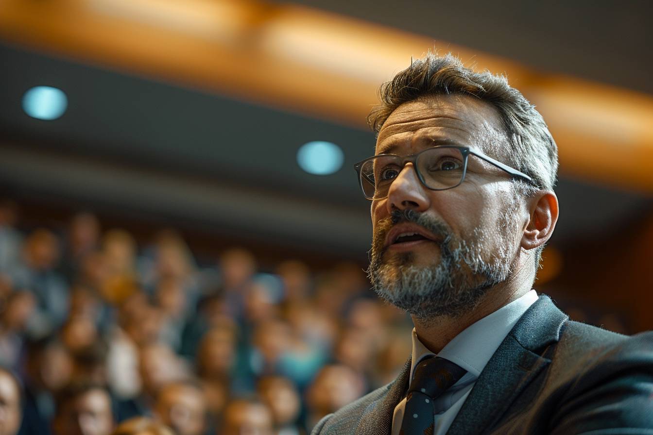 A middle-aged man in a suit delivers a speech to an engaged audience, expressing focus and intensity during the presentation.