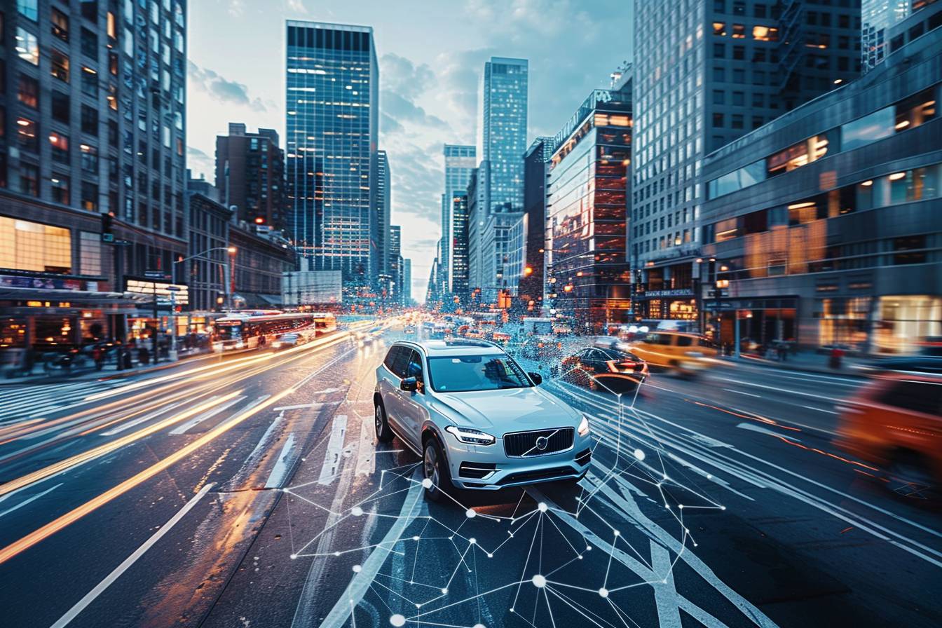 A white Volvo SUV is driving through a busy city street with tall buildings, surrounded by dynamic light trails and digital network graphics.