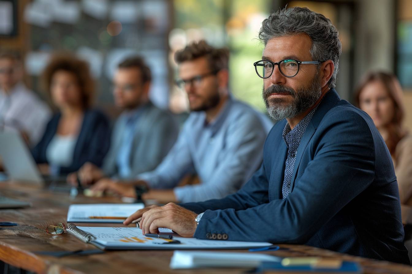 A group of professionals in a meeting setting, with a focus on a thoughtful man in a suit and glasses, analyzing documents on a table.