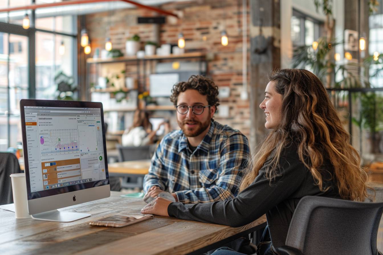 A man and woman engage in discussion at a workspace, collaborating over a computer screen, with a cozy café atmosphere in the background.