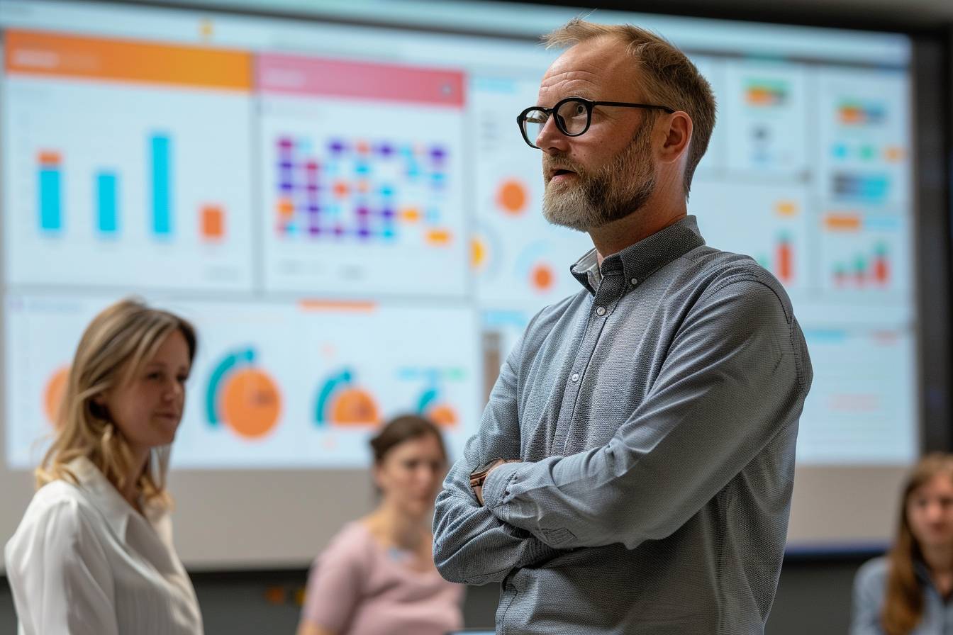 A group of professionals engage in a meeting, with one man speaking in the foreground and detailed data visualizations displayed behind him.