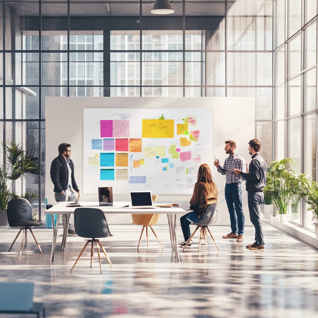 A bright, modern office space with a glass wall. Four people are engaged in discussion around a table, reviewing sticky notes on a whiteboard.