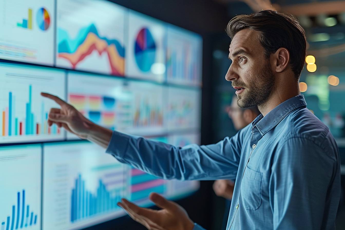 A man in a blue shirt gestures towards data visualization screens filled with charts and graphs, engaged in an analytical discussion.