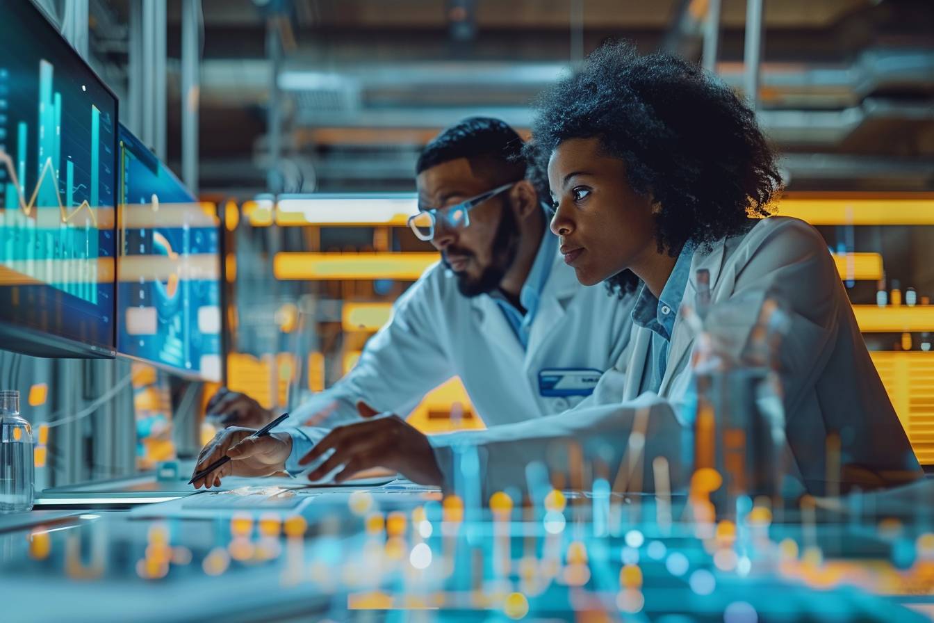 Two scientists in lab coats analyze data on multiple computer screens, focused on charts and graphs in a high-tech research environment.