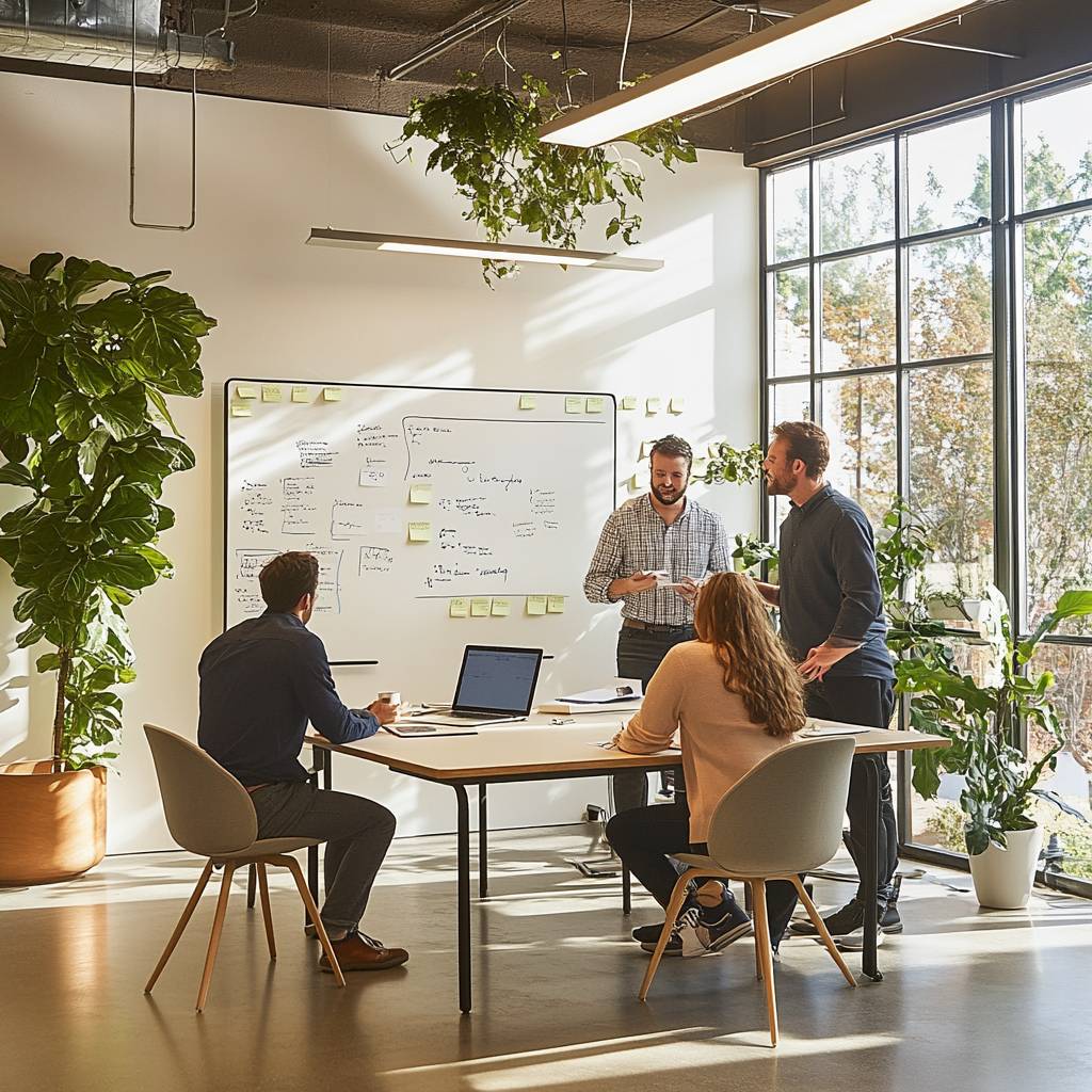 A diverse group of four colleagues collaborates in a bright office space, discussing ideas at a table with a whiteboard filled with notes behind them.