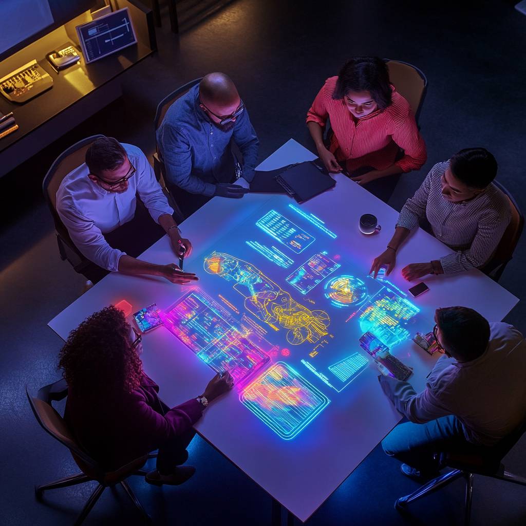 A diverse group of professionals collaborates around a glowing holographic table, analyzing digital data, presentations, and insights in a modern workspace.
