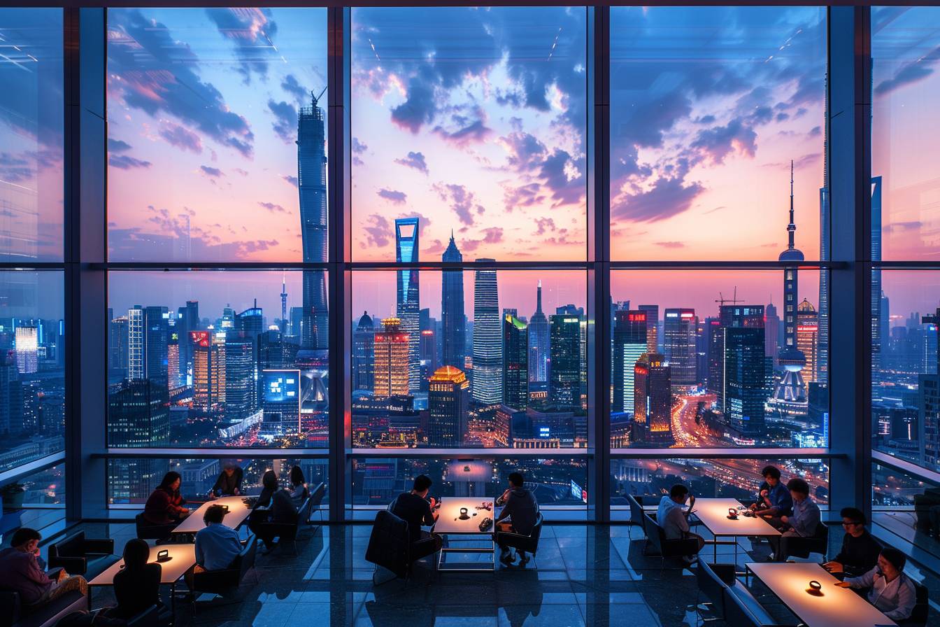 A vibrant city skyline at sunset seen through large glass windows, with people dining and engaging in conversations inside a modern restaurant.