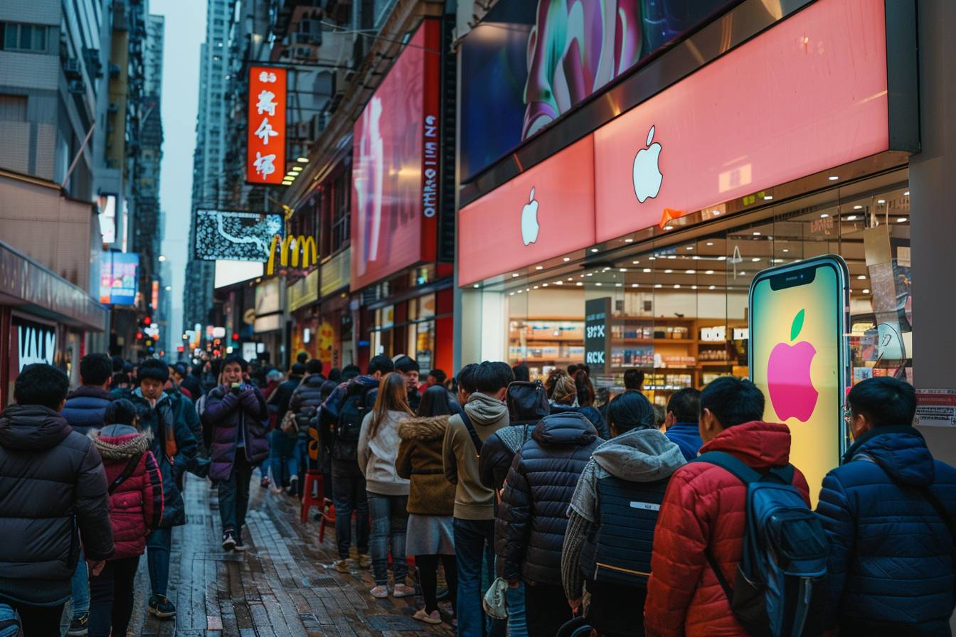 A bustling street scene with a long line of people waiting outside an Apple store, flanked by various shops and neon signs at dusk.