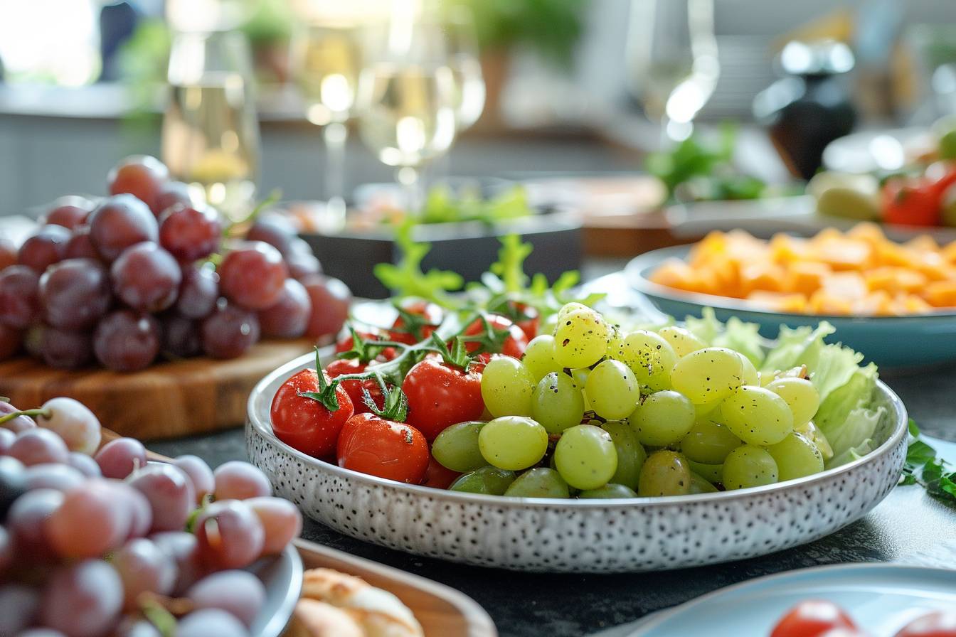 A vibrant assortment of fresh grapes, cherry tomatoes, and greens, beautifully arranged on a table with additional fruits in the background.