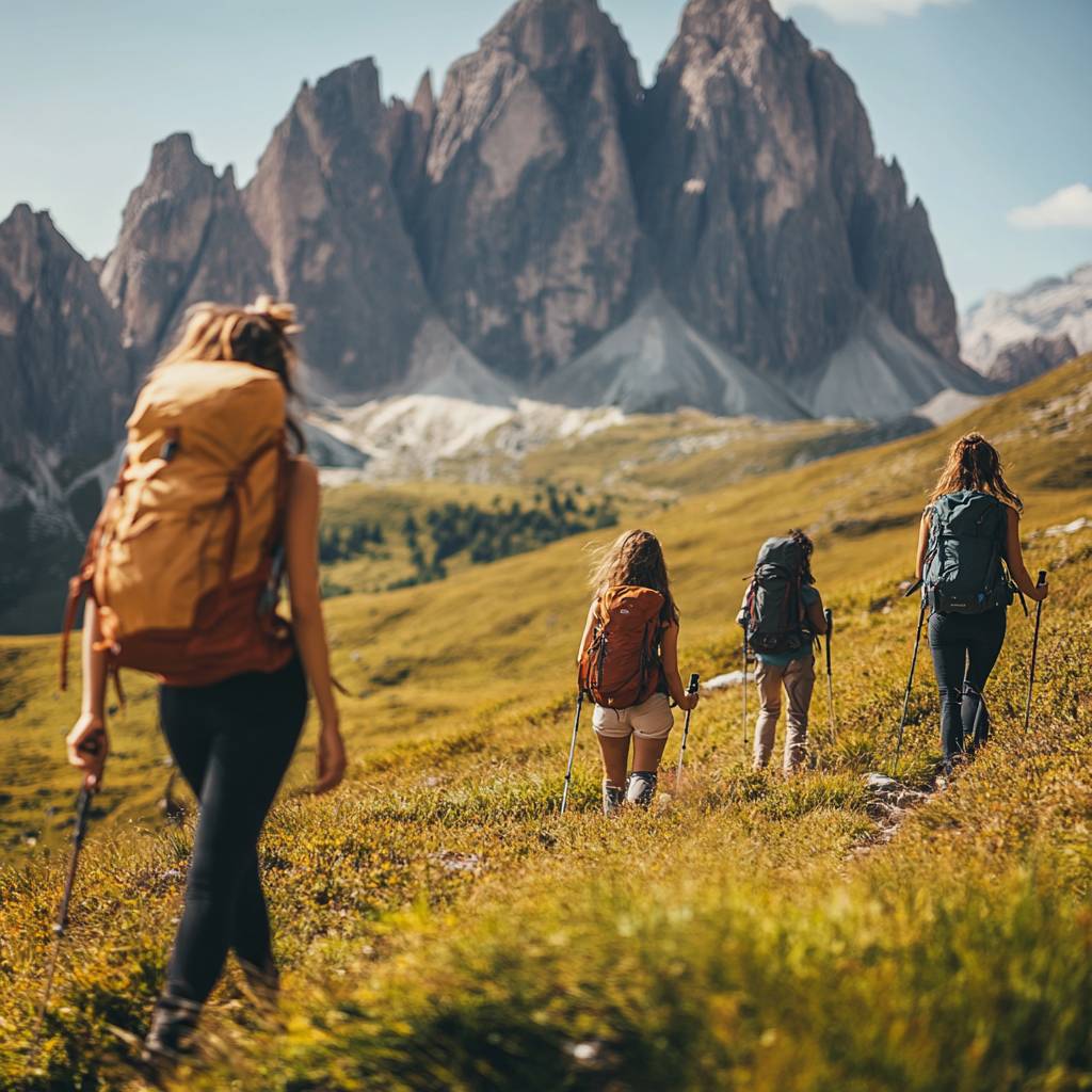 A group of hikers with backpacks trek through a grassy valley, surrounded by majestic mountains under a clear blue sky.
