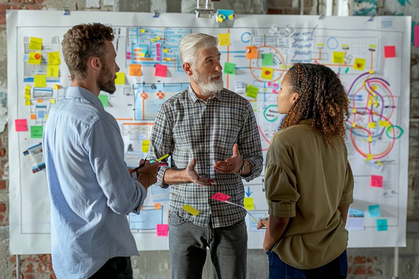 Three professionals engage in a collaborative discussion in front of a presentation board covered with colorful post-it notes and diagrams.