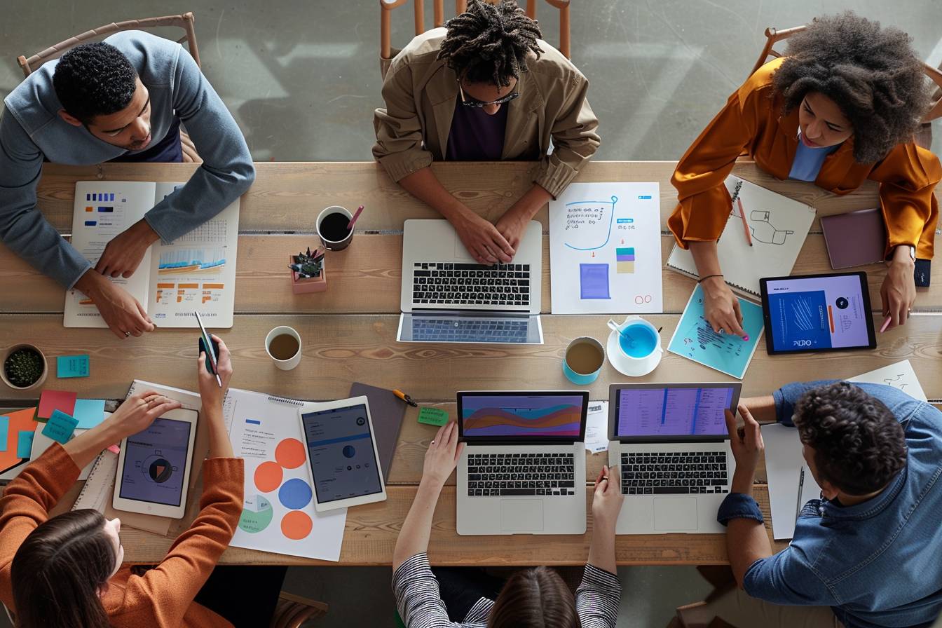A group of diverse people collaborate at a wooden table, using laptops and tablets, with charts and notes spread around them during a brainstorming session.
