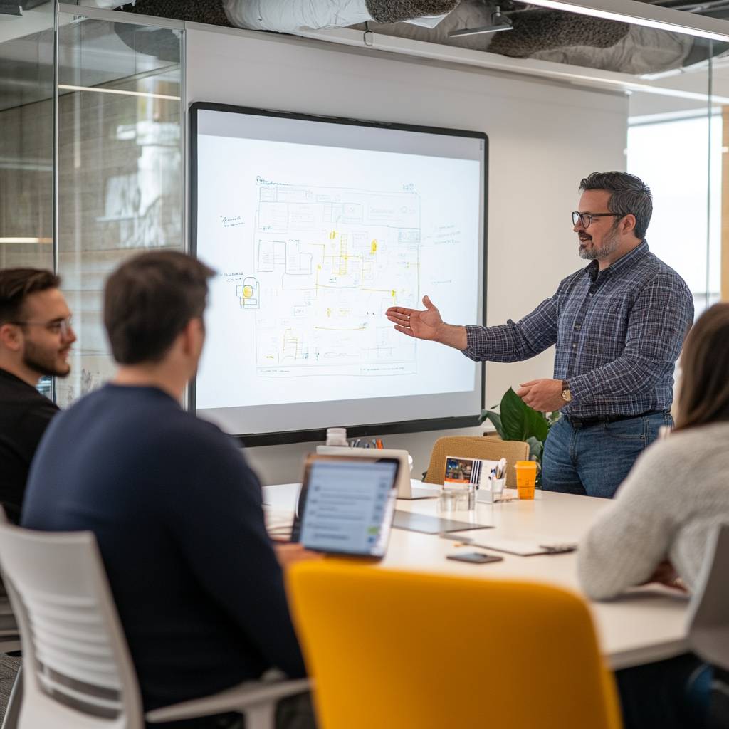 A man presents a design on a screen to a group sitting at a conference table, engaging them in discussion and collaboration.