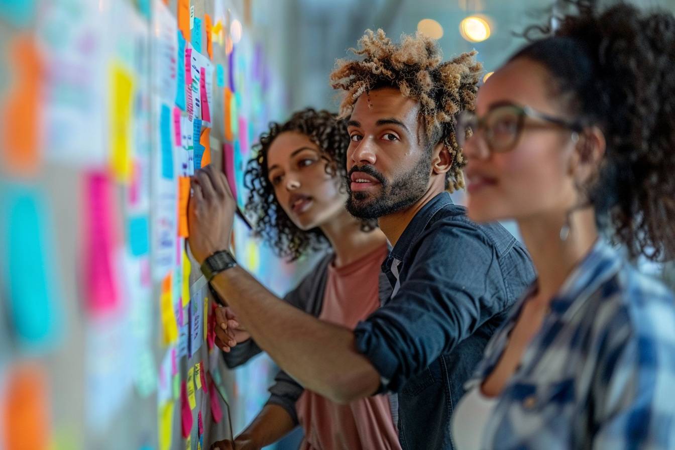 Three diverse individuals collaborate and engage with colorful sticky notes on a wall, brainstorming ideas in a creative workspace.