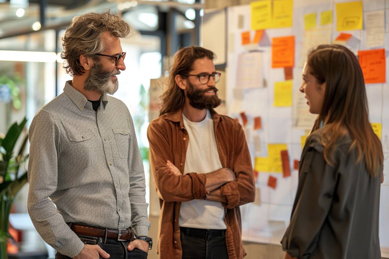 Three colleagues engage in a friendly discussion in an office setting, surrounded by colorful post-it notes and a creative workspace atmosphere.