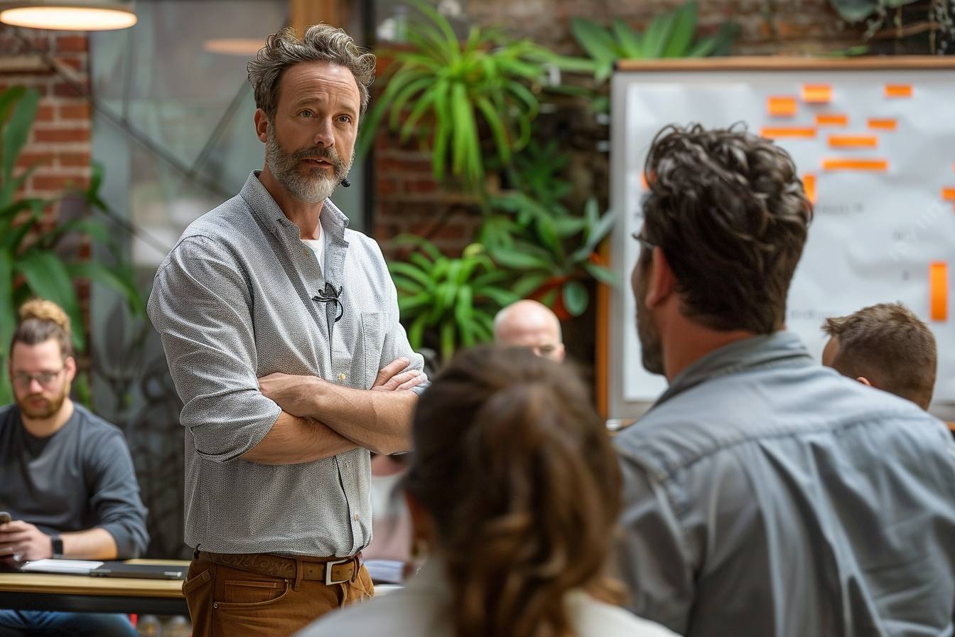A focused man stands with arms crossed while engaging a small group in a lush, plant-filled meeting space with a whiteboard.