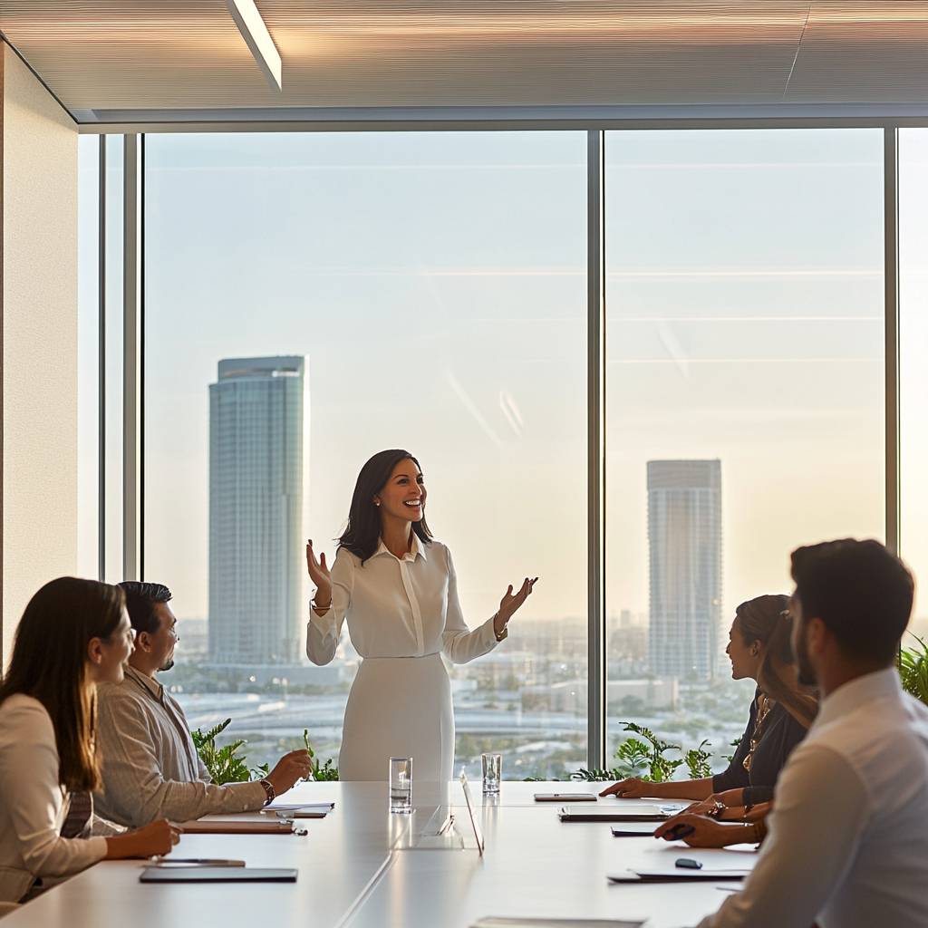 A confident woman in a white blouse presents in a modern office with large windows while colleagues attentively listen during a meeting.