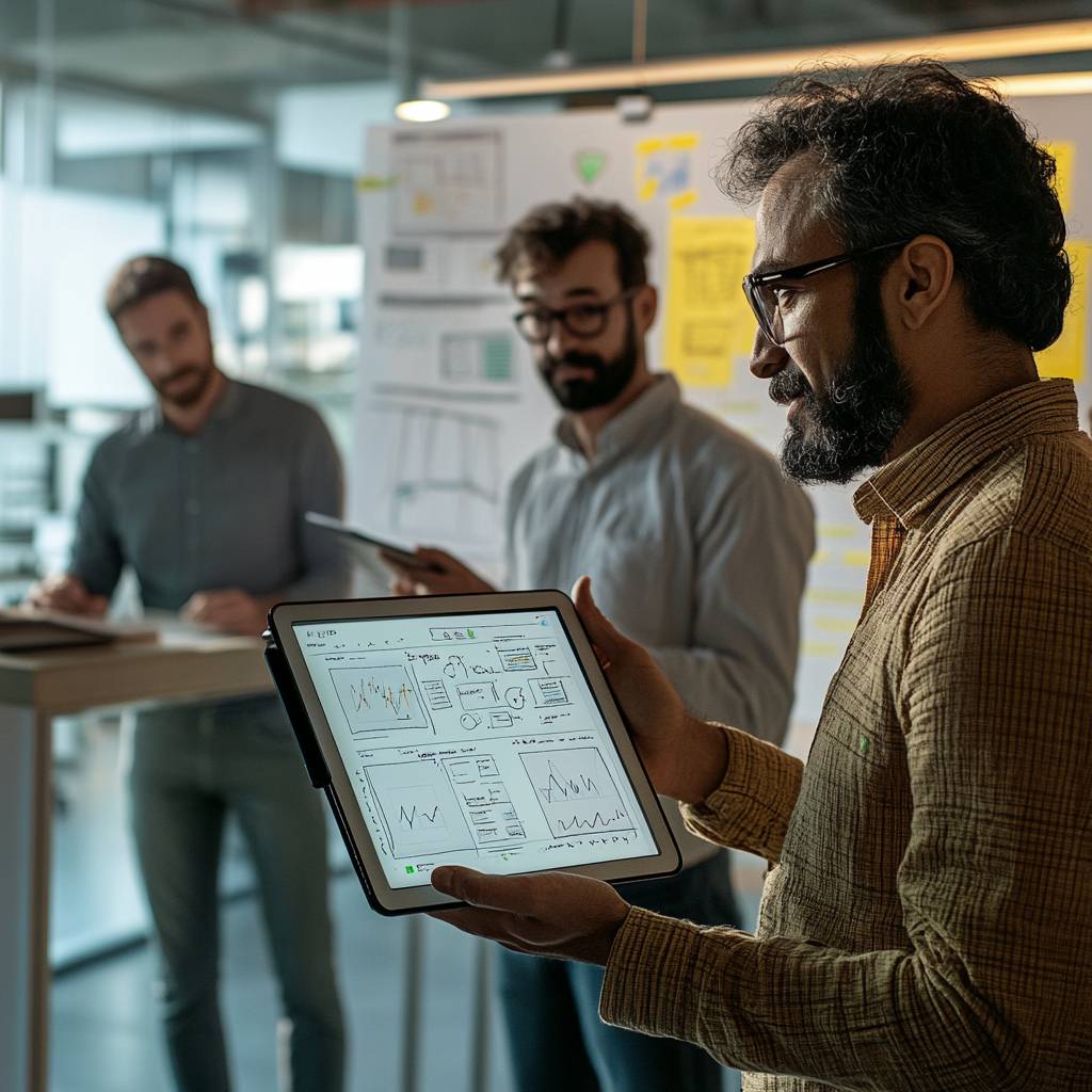 A group of professionals in a modern office discussing data and analytics on digital devices, with charts and graphs displayed on a tablet.