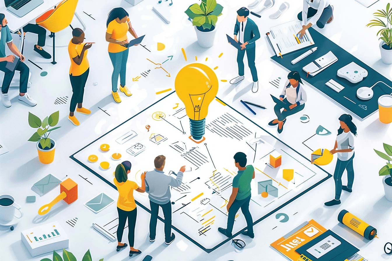 A diverse group of professionals collaborates around a large interactive screen, featuring a lightbulb and various charts and documents.
