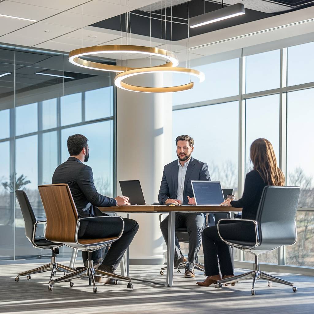 A group of three professionals sitting around a modern conference table in a bright office with large windows, engaged in discussion.