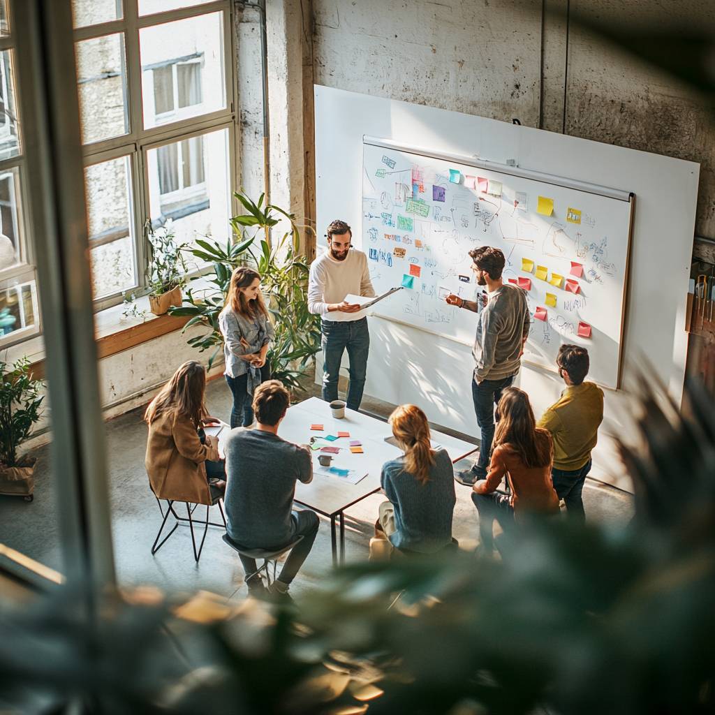 A diverse group of people engaged in a collaborative brainstorming session in a bright, modern workspace, featuring a whiteboard and colorful notes.