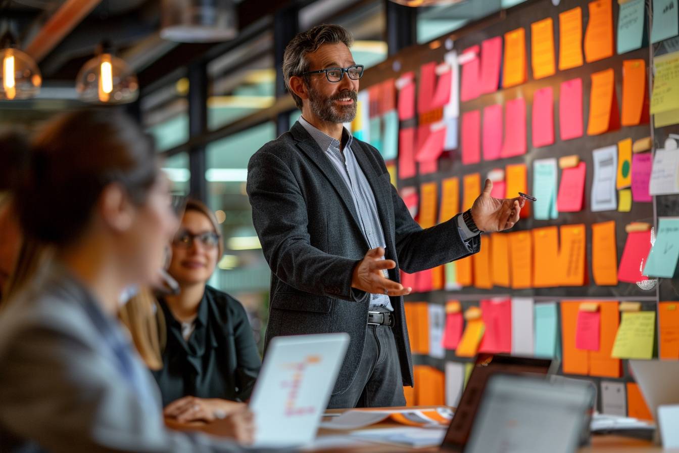 A man in a blazer gestures enthusiastically while presenting to a group in a modern workspace with colorful sticky notes on the wall.