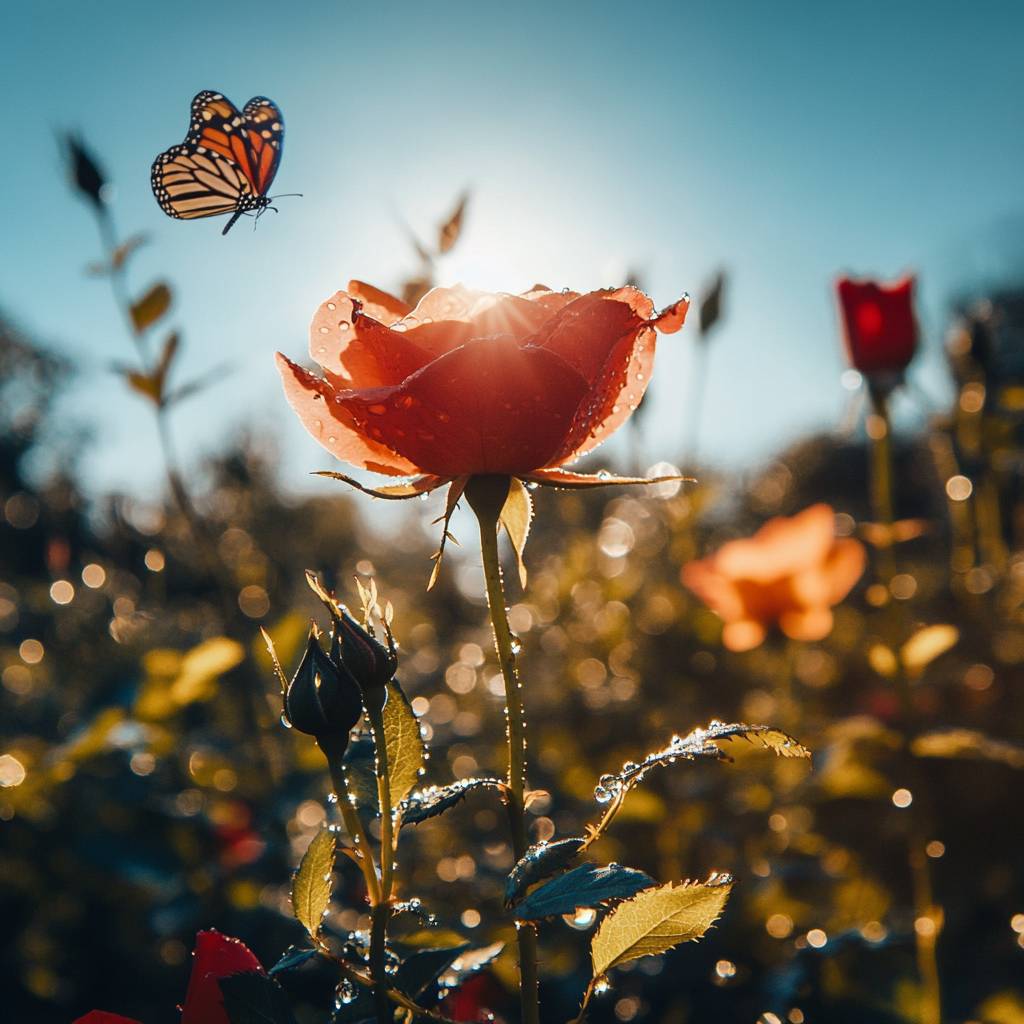 A vibrant rose with droplets glistening on its petals, illuminated by sunlight, while a butterfly flutters nearby in a blooming garden.