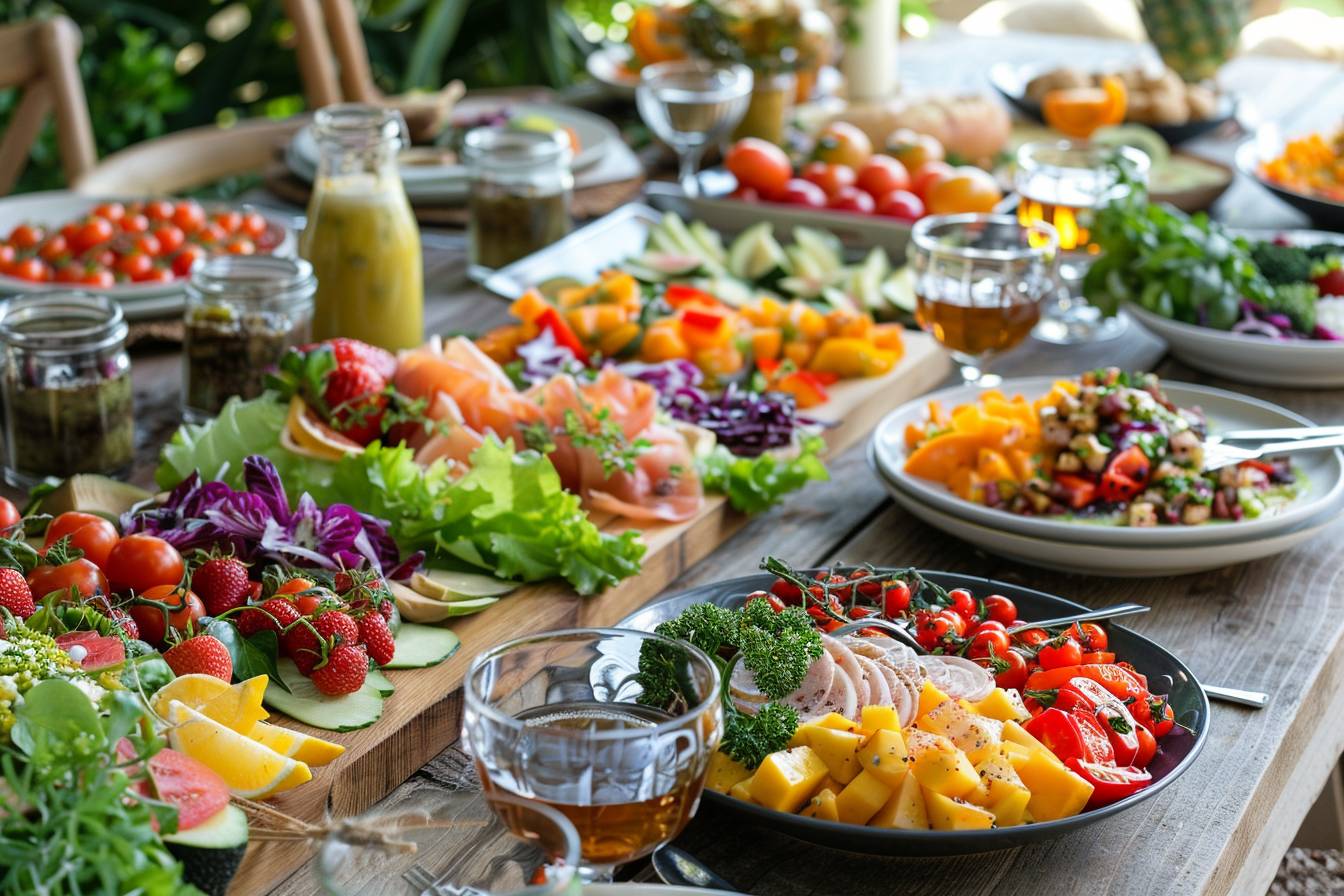 A vibrant table spread featuring an array of fresh fruits, salads, and sliced meats, complemented by various drinks and decorations.