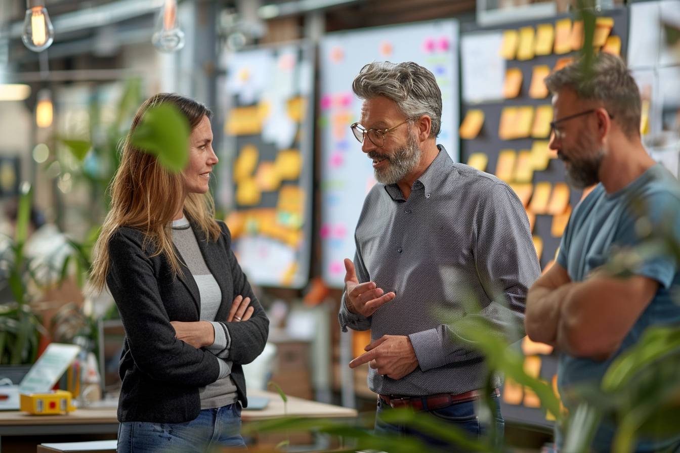 A group of three professionals engaged in a discussion, surrounded by plants and colorful sticky notes in a modern workspace.