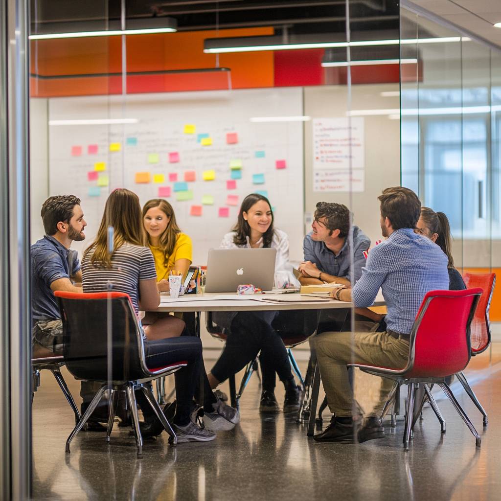 A diverse group of six professionals collaborates around a table in a modern office, with colorful notes and a laptop visible in the background.