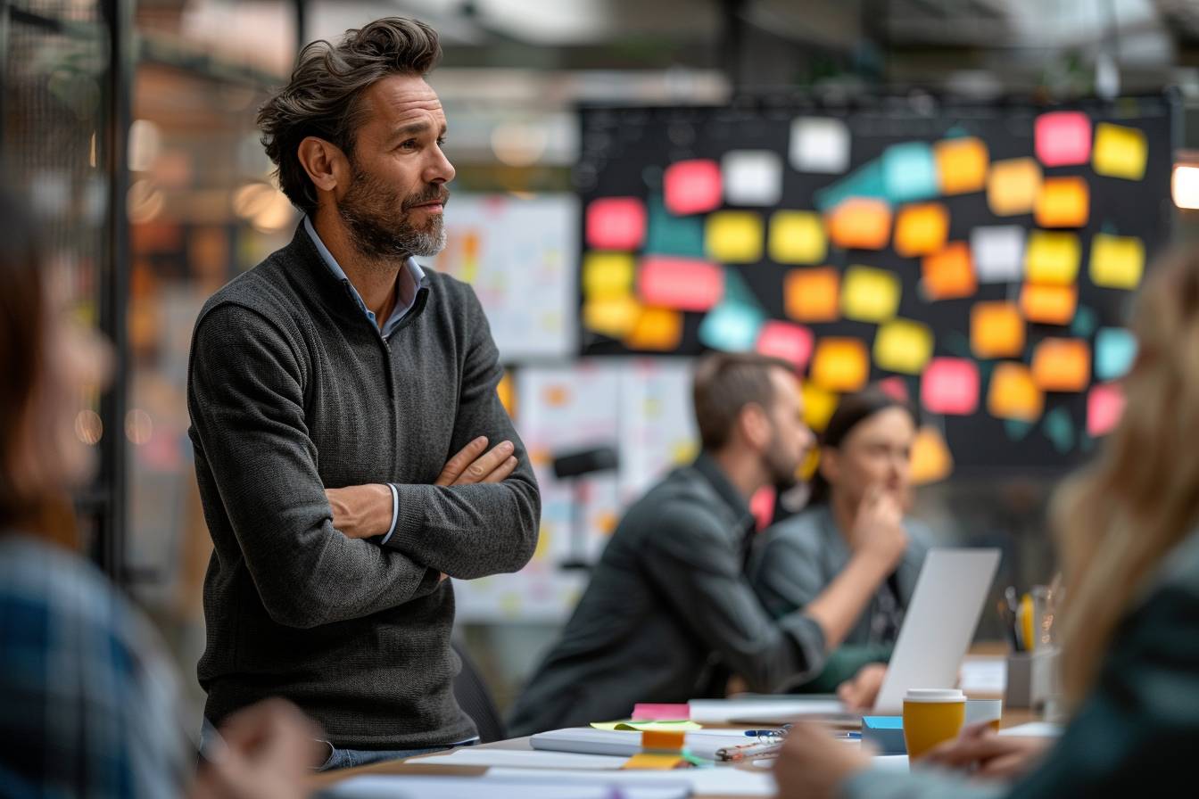 A focused man with a beard stands with arms crossed, engaged in a brainstorming session with colleagues surrounded by colorful sticky notes.