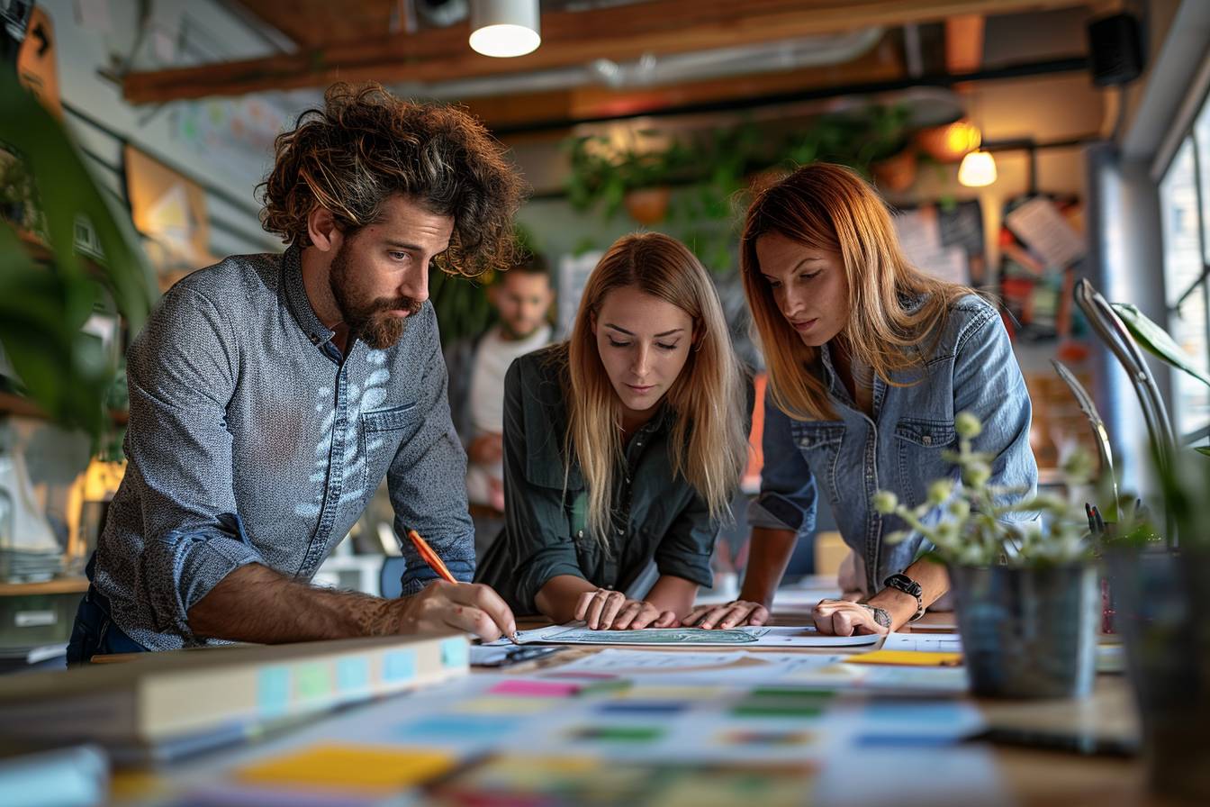 A group of young professionals collaborate around a table filled with colorful notes and documents, focused on brainstorming ideas together.