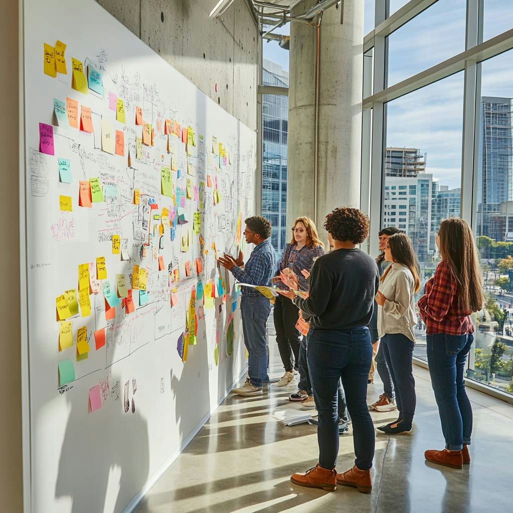 A diverse group of professionals collaborates in a bright office space, engaging with a wall filled with colorful sticky notes and diagrams.