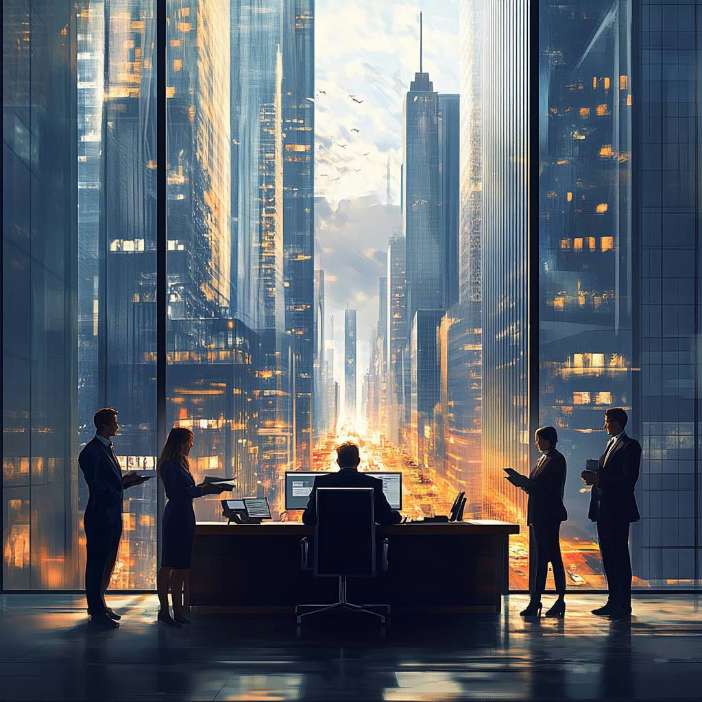 A modern office scene with silhouettes of professionals discussing plans against a backdrop of a bustling city skyline illuminated by sunset.