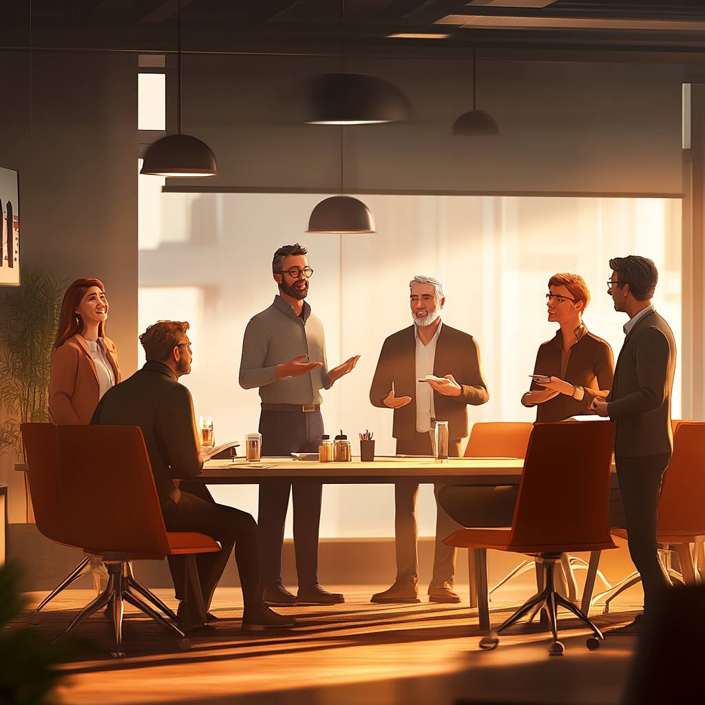 A group of five professionals engaged in a discussion around a conference table, with warm sunlight filtering through large windows.