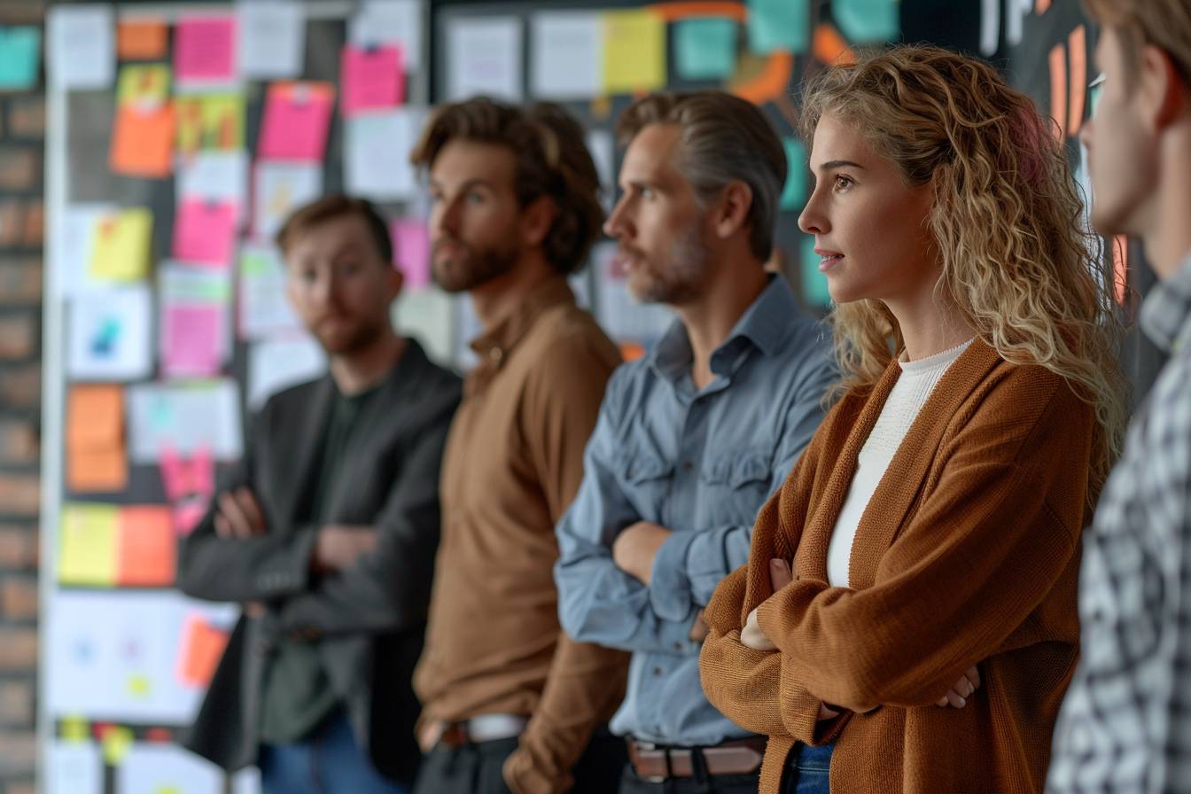 A group of professionals attentively listening during a meeting, with colorful sticky notes visible on a board behind them, conveying a collaborative environment.