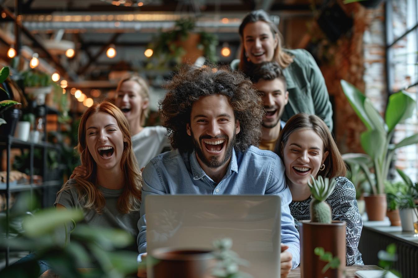 A group of six friends laughing joyfully in a cozy café, with a laptop in front, surrounded by lush plants and warm ambient lighting.