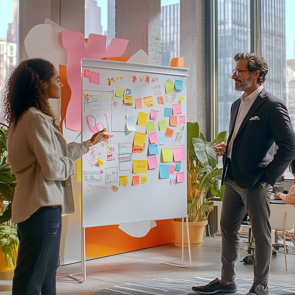 A woman in a casual outfit discusses ideas with a man in a suit, pointing at a wall-mounted board filled with colorful sticky notes in a modern office.