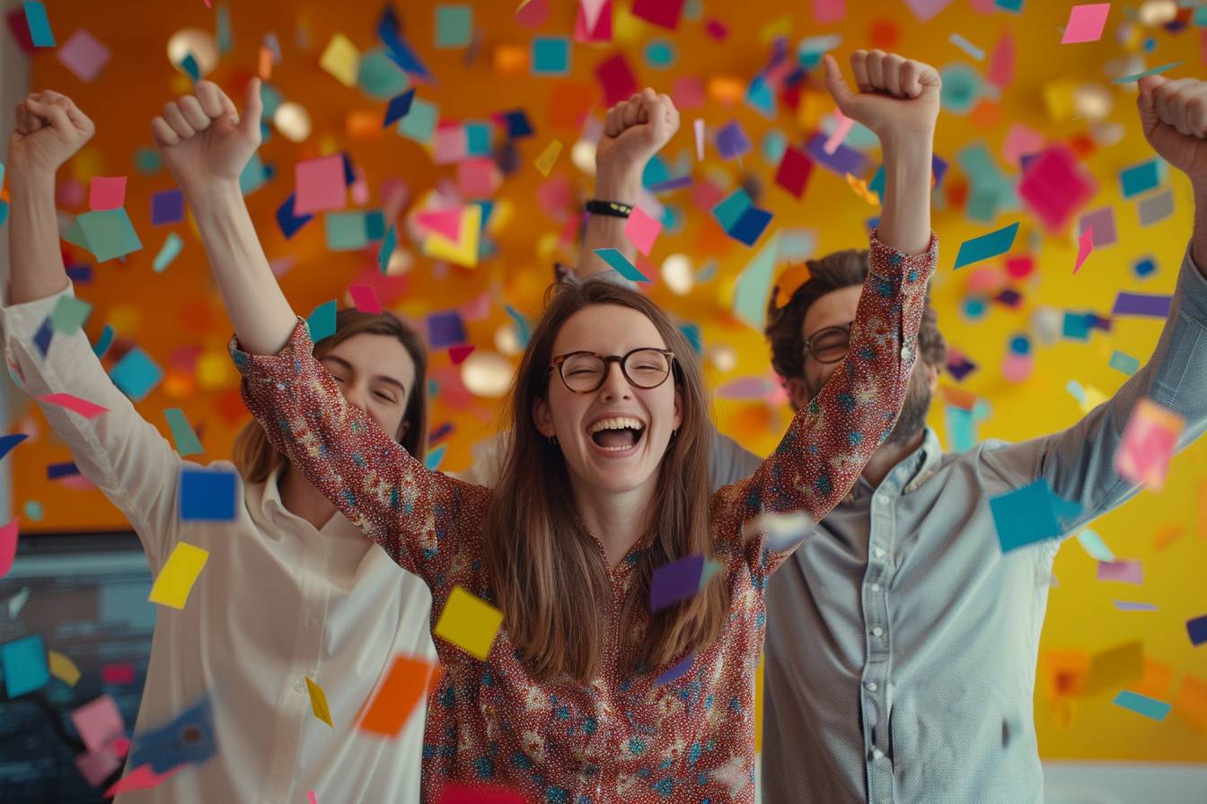 A joyful group of friends celebrating with confetti, laughing and raising their arms in excitement against a bright, colorful background.